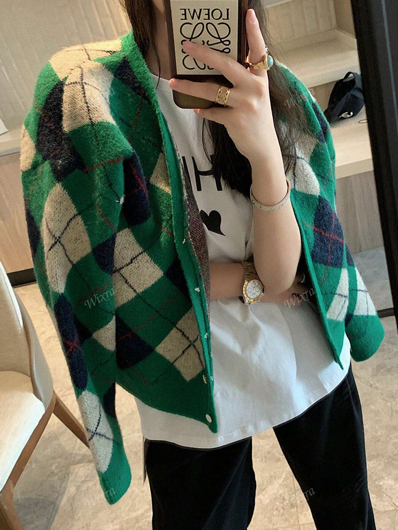 Casual V-Neck Retro Diamond Plaid Knit Cardiagn,Long Sleeve Tops Green