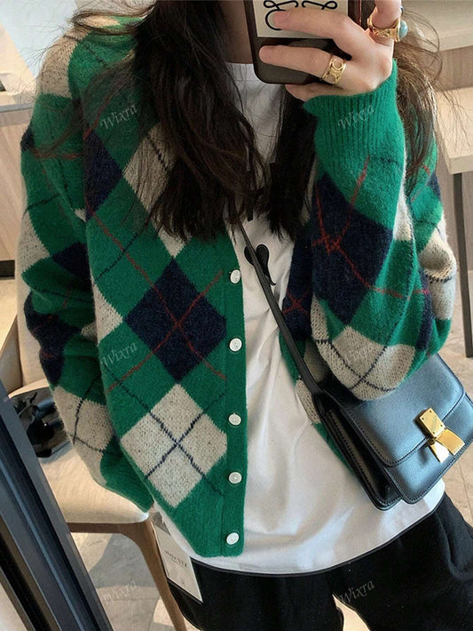 Casual V-Neck Retro Diamond Plaid Knit Cardiagn,Long Sleeve Tops Green