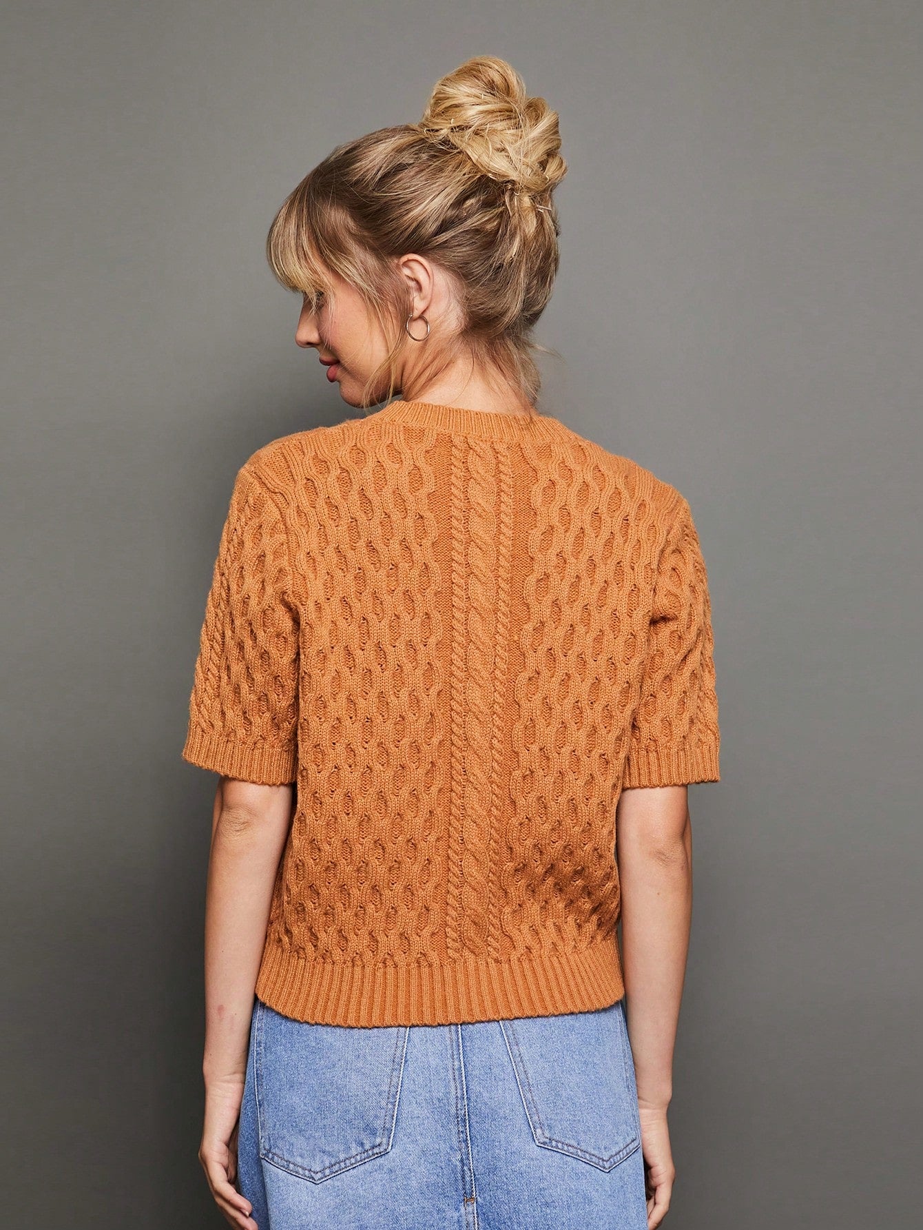 WESTFADE Summer Cable Knit Crew Neck Button Front Short Sleeve Relaxed Cardigan Sweater Gold
