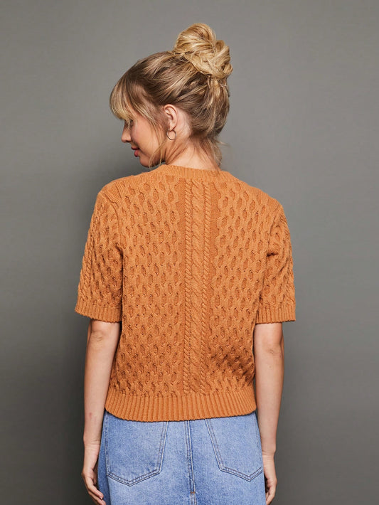 WESTFADE Summer Cable Knit Crew Neck Button Front Short Sleeve Relaxed Cardigan Sweater Gold