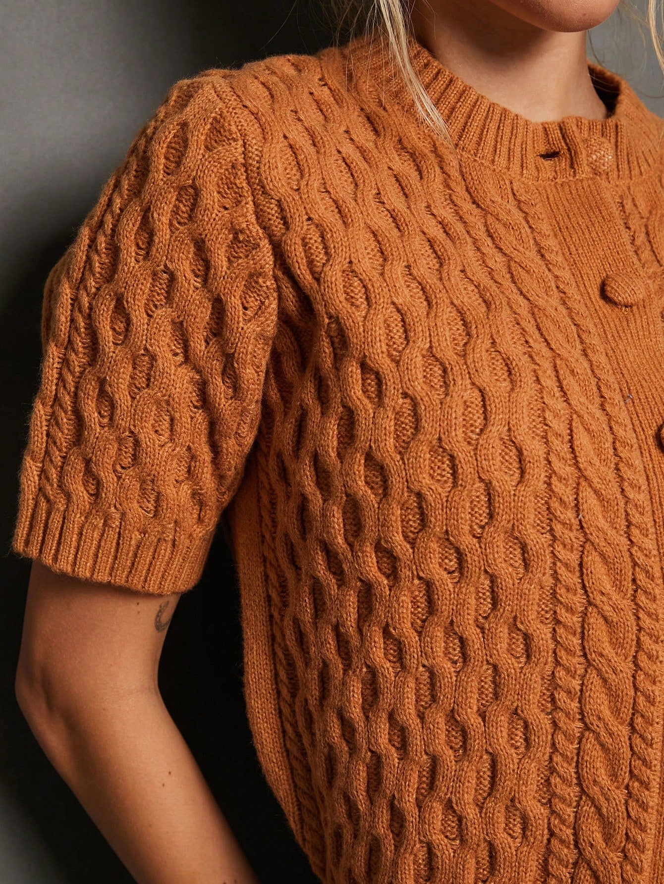 WESTFADE Summer Cable Knit Crew Neck Button Front Short Sleeve Relaxed Cardigan Sweater Gold