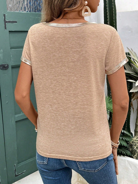 EMERY ROSE Women V-Neck Short-Sleeved T-Shirt With Splicing Design Khaki
