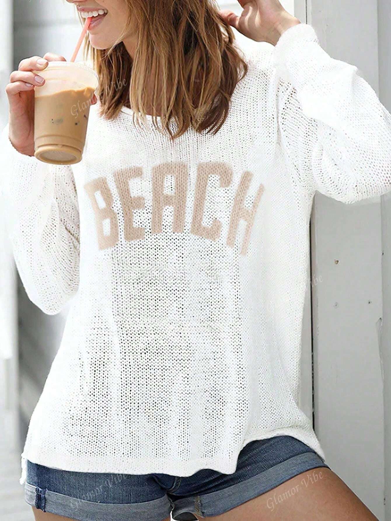 Women's Casual Loose Letter Print Long Sleeve Knitted Pullover,Long Sleeve Tops White