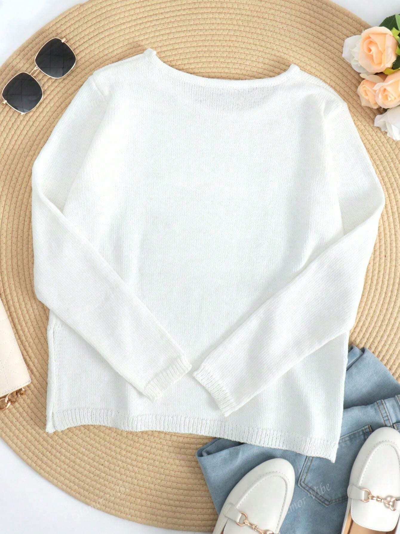 Women's Casual Loose Letter Print Long Sleeve Knitted Pullover,Long Sleeve Tops White