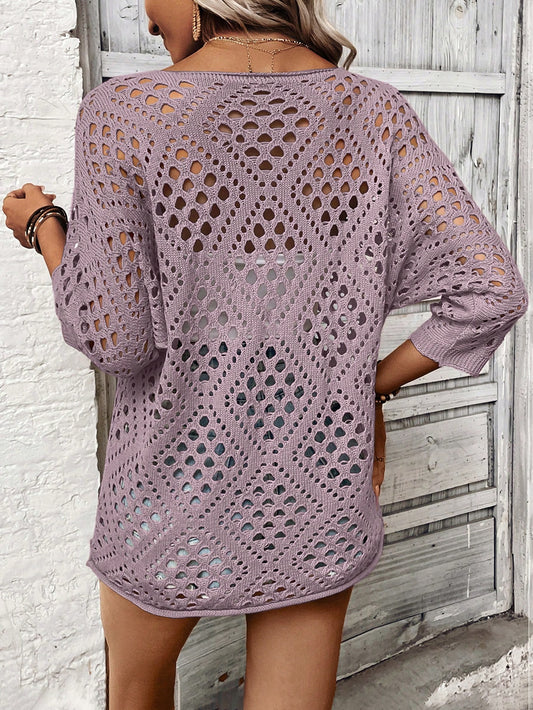 SHEIN LUNE Women's Loose Casual 3/4 Sleeve Hollow-Out Knit Sweater Dusty Purple