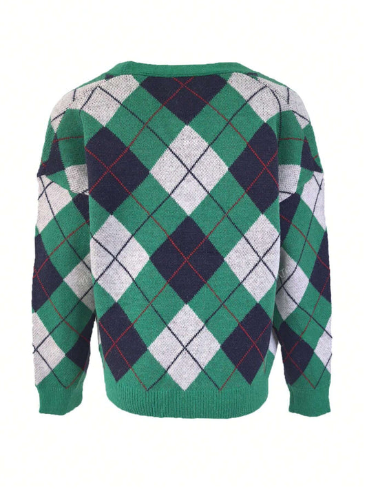 Casual V-Neck Retro Diamond Plaid Knit Cardiagn,Long Sleeve Tops Green