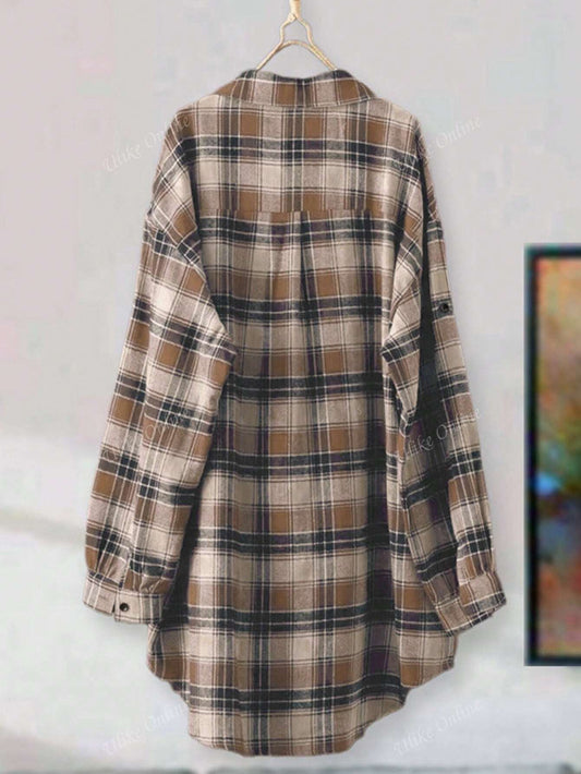 Women's Casual Long Sleeved Checkered Shirt, Autumn Yellow