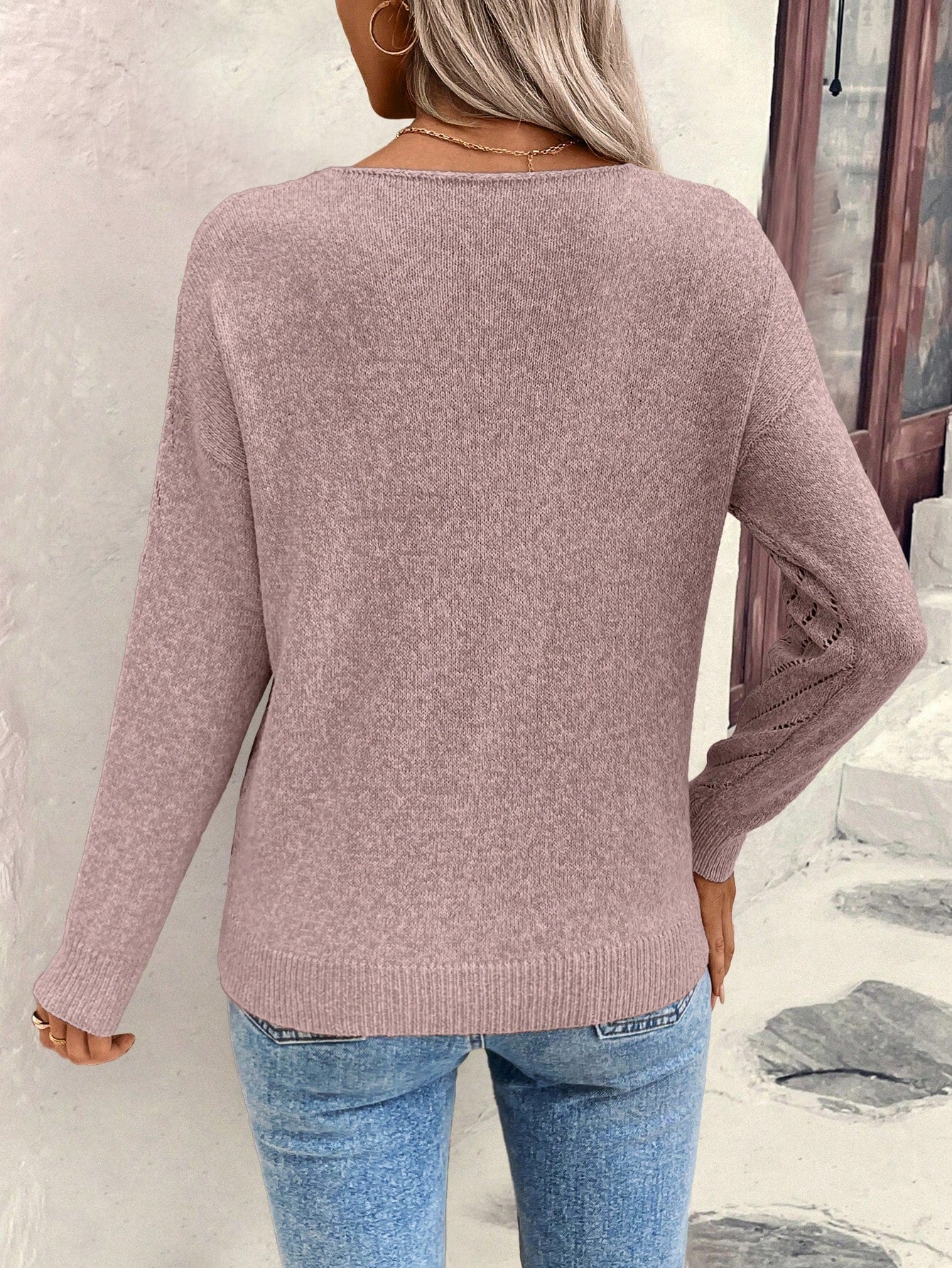 EMERY ROSE Women's Loose Casual Hollow-Out Geometric Textured V-Neck Sweater Dusty Pink