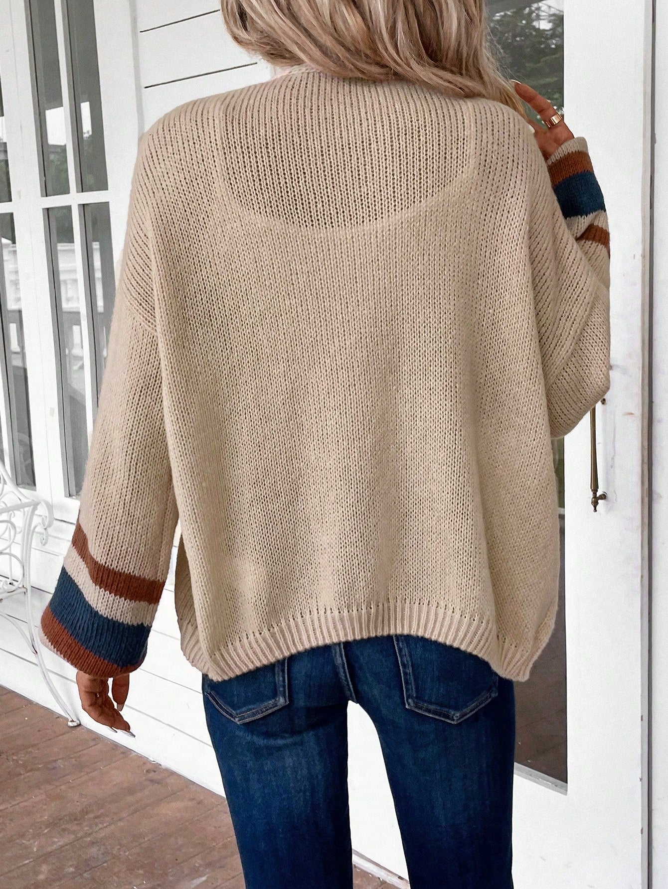 EMERY ROSE Women's Long Sleeve Colorblock Striped Cardigan, Casual Daily Wear,Long Sleeve Tops Apricot