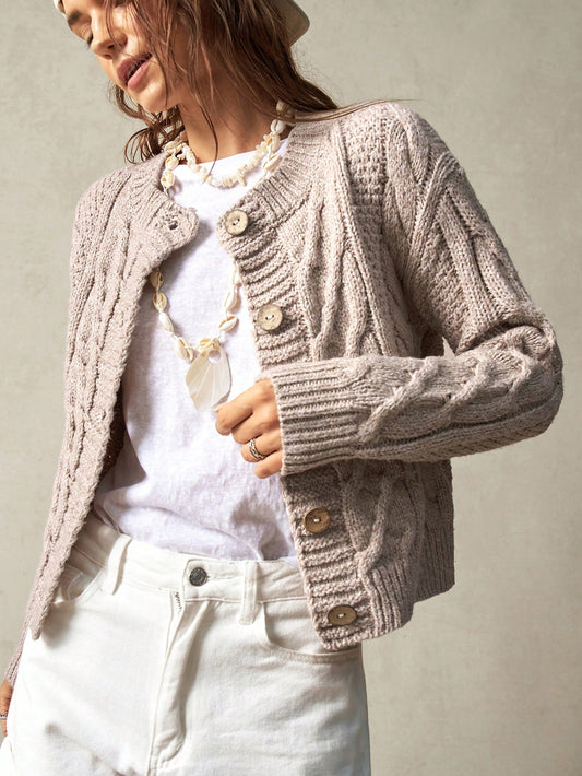 Bohemela Women's Loose Fit Solid Round Neck Long Sleeve Cardigan For Vacation,Long Sleeve Tops Apricot
