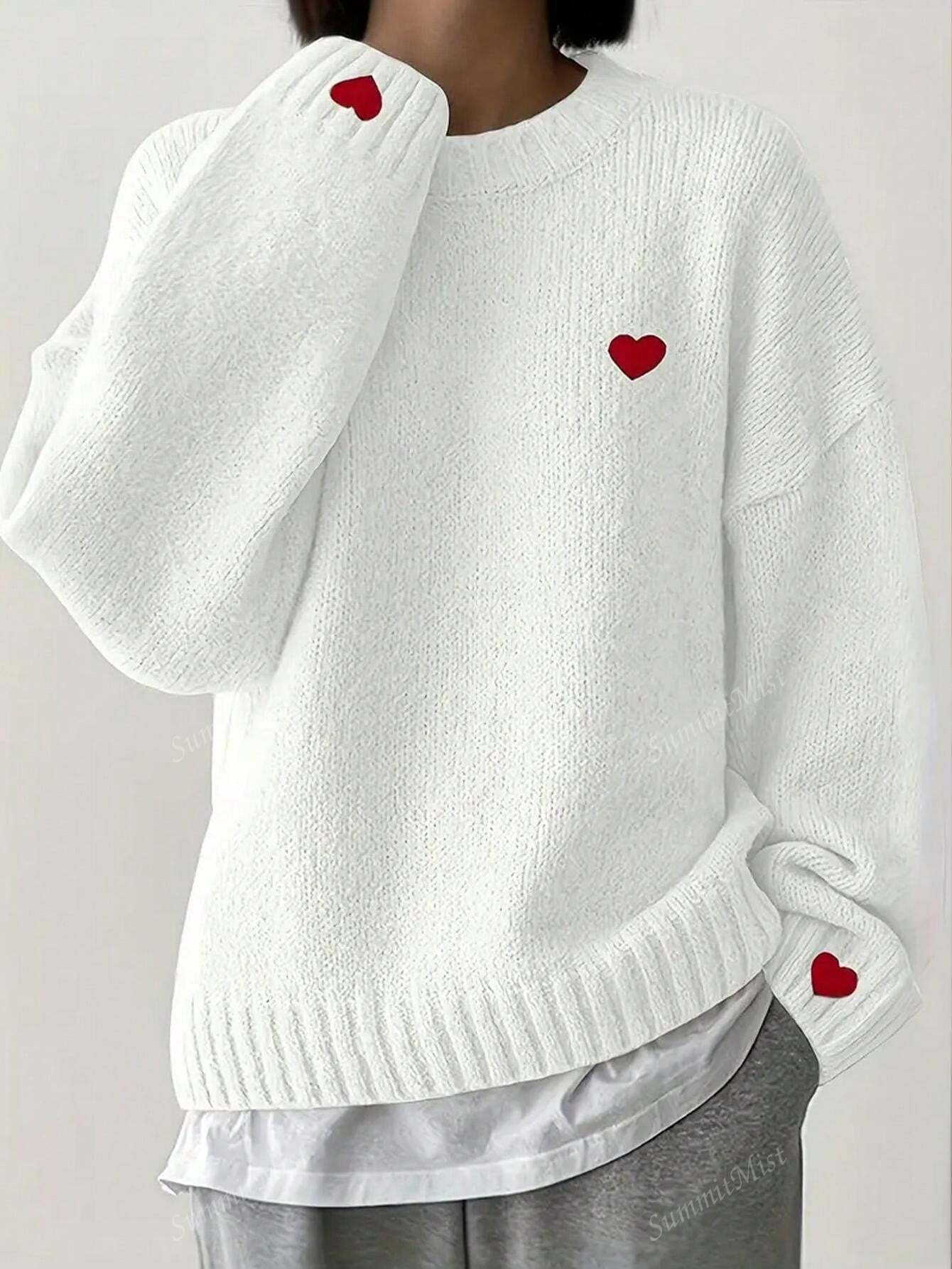 Heart-Shaped Pattern Drop Shoulder Sweater, Versatile Crew Neck Long Sleeve Pullover Sweater, Suitable For Winter And Autumn, Women Valentine's Day White