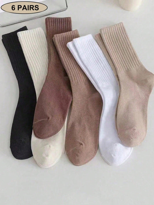 6 Pairs Solid Color Casual Sport Crew Socks, For Women, Autumn/Winter Multicolor