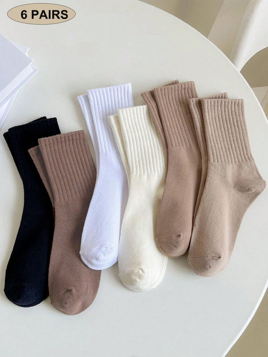 6 Pairs Solid Color Casual Sport Crew Socks, For Women, Autumn/Winter Multicolor