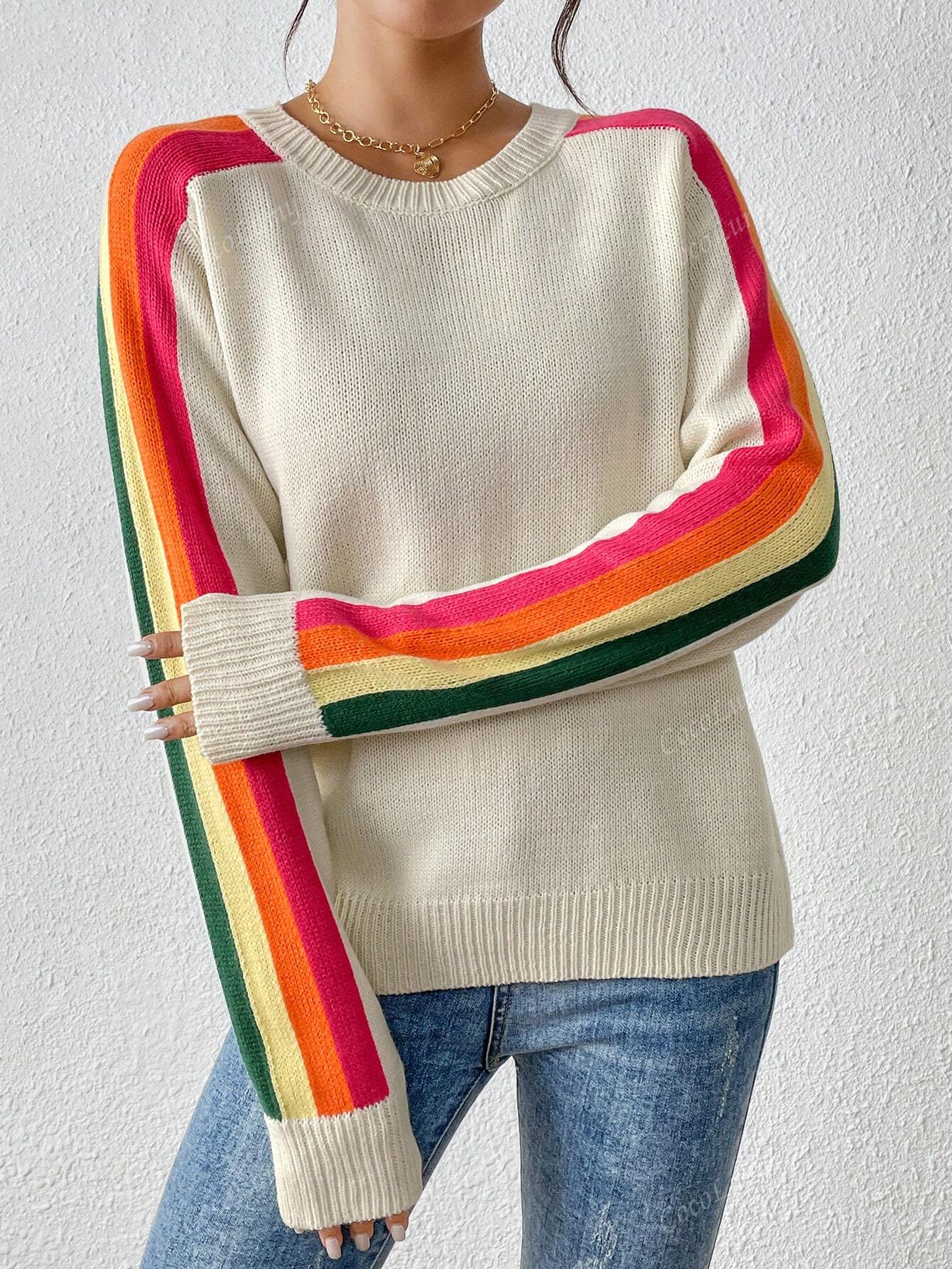Women's Colorful Rainbow Striped Casual Crewneck Sweater Long-SleeveTops,Autumn And Winter Beige