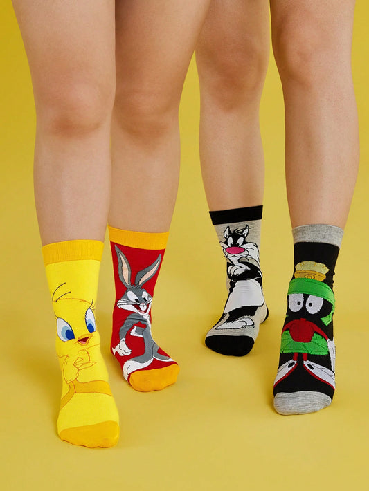 LOONEY TUNES X SHEIN 2 Pairs Women's Asymmetric Cartoon Pattern Color Block Mid-Calf Socks Multicolor