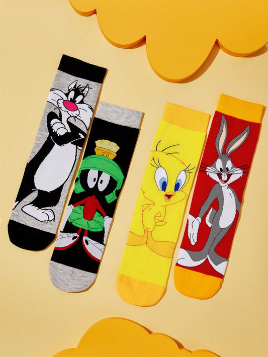 LOONEY TUNES X SHEIN 2 Pairs Women's Asymmetric Cartoon Pattern Color Block Mid-Calf Socks Multicolor