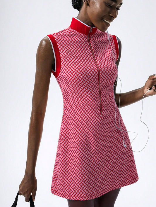 VARSITIE Retro Old Money Jacquard Turtleneck Sleeveless Zipper Slim Mini Dress Women Active Dresses Red and White