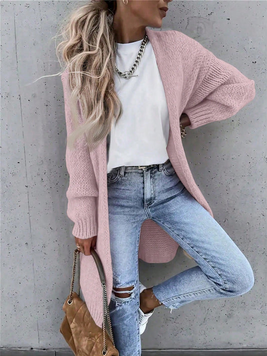 SHEIN LUNE Women's Solid Color Drop Shoulder Long Sleeve Long Casual Cardigan Sweater, Fall & Winter Dusty Pink