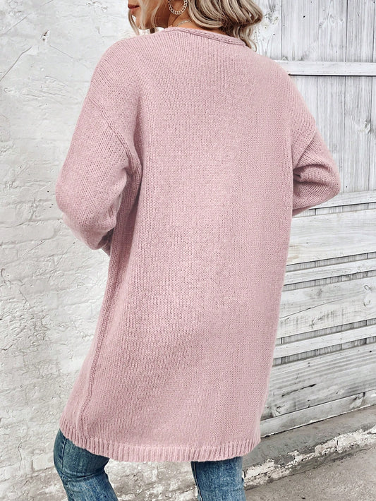 SHEIN LUNE Women's Solid Color Drop Shoulder Long Sleeve Long Casual Cardigan Sweater, Fall & Winter Dusty Pink