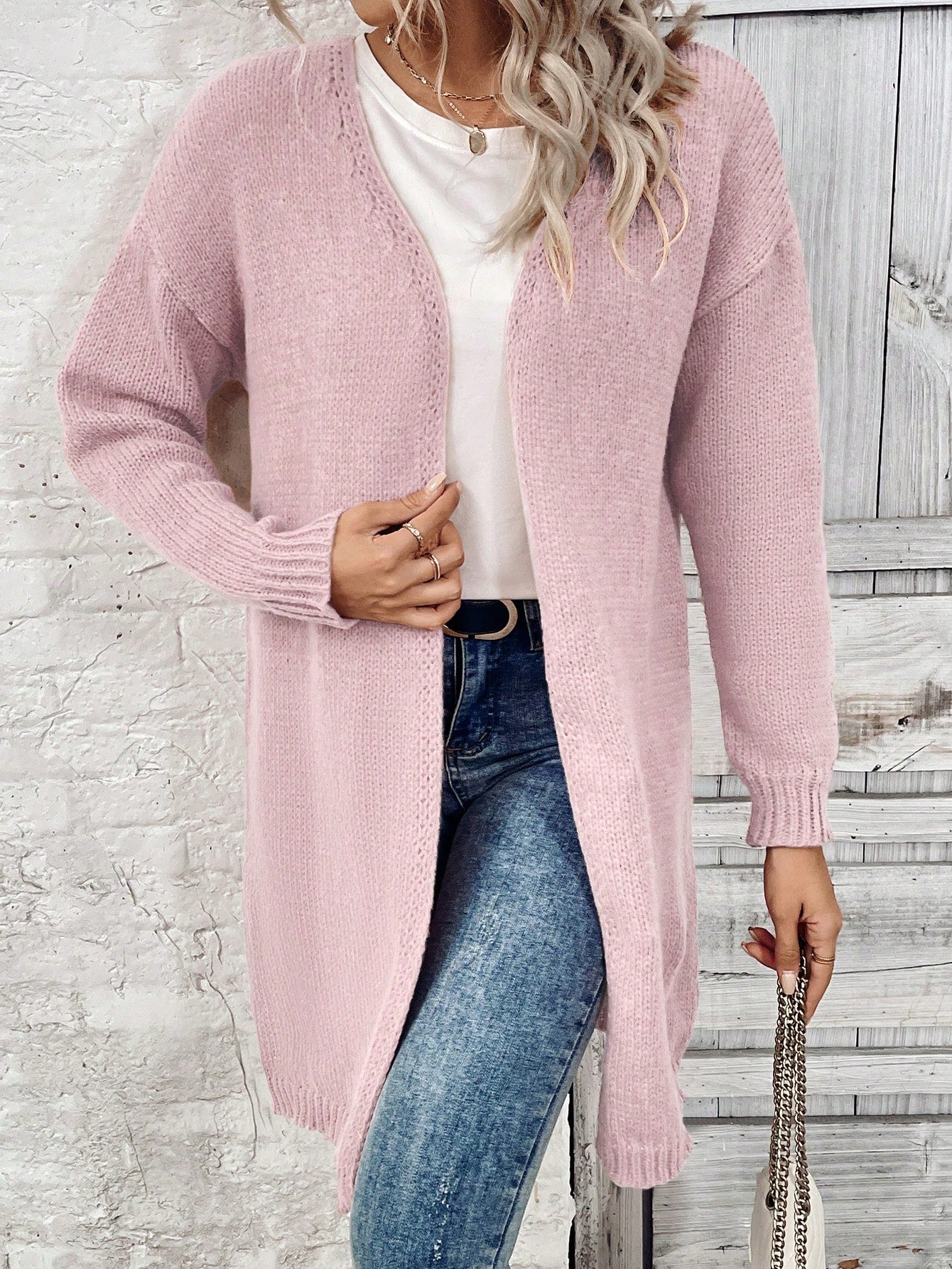 SHEIN LUNE Women's Solid Color Drop Shoulder Long Sleeve Long Casual Cardigan Sweater, Fall & Winter Dusty Pink