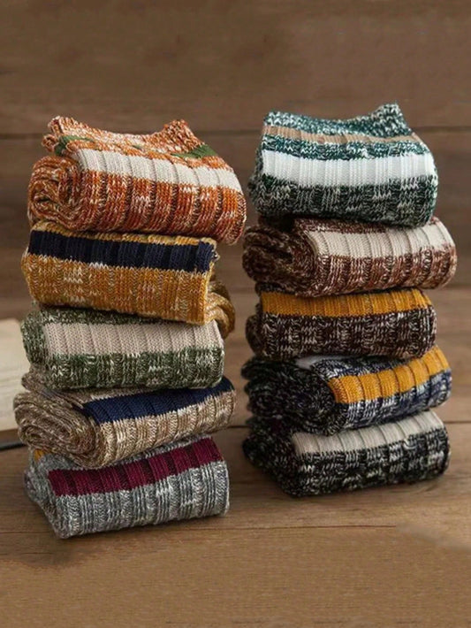 5 Pairs/10 Pairs BohemianRandom Color Autumn/Winter Mid-Calf Socks, Thick Yarn Mid-Calf Socks, Vertical Stripes Street Two-Bar Mid-Calf Socks Multicolor
