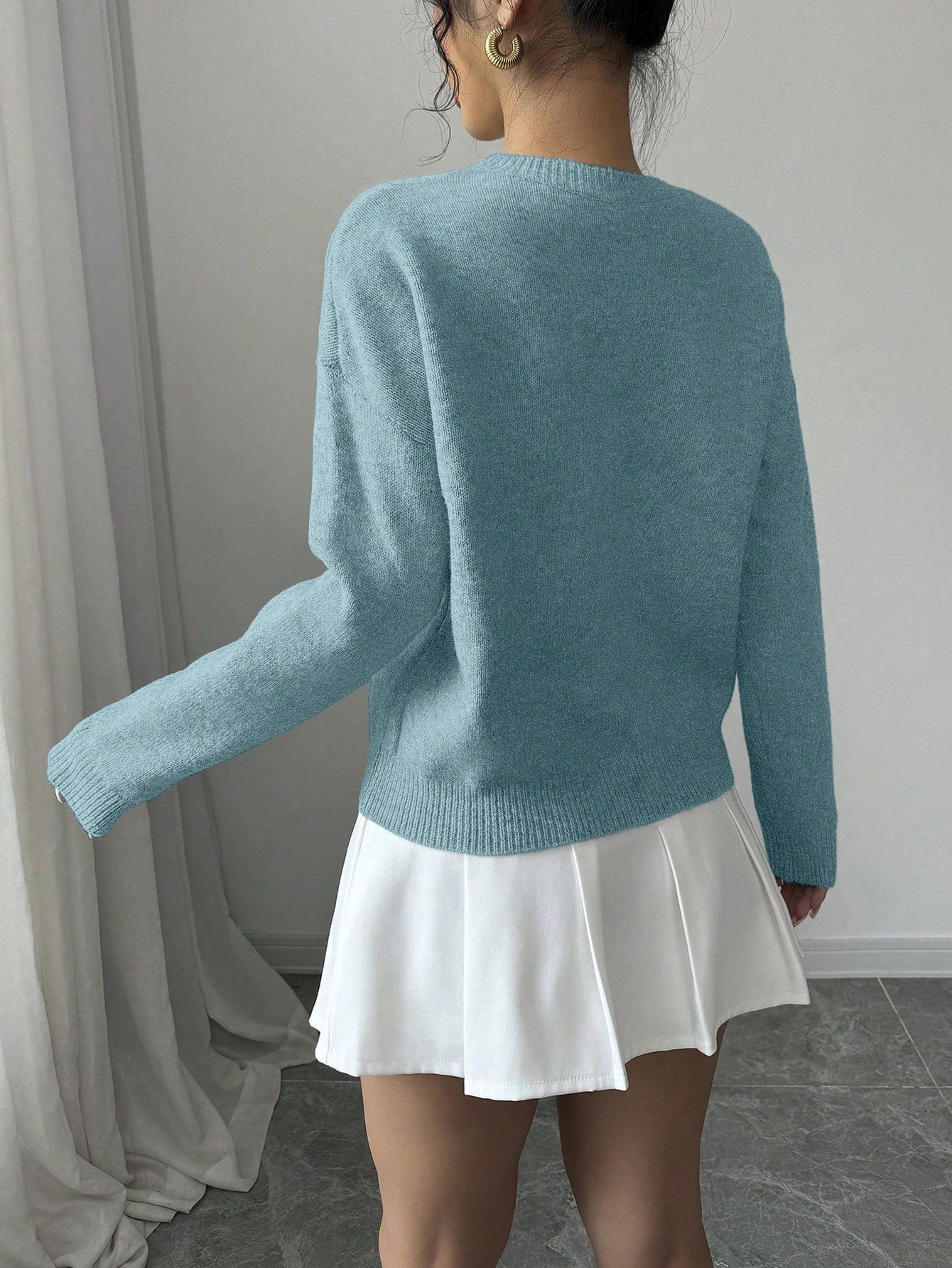 Elenzga Women Floral Pattern Round Neck Solid Color Pullover Sweater,Long Sleeve Tops Blue