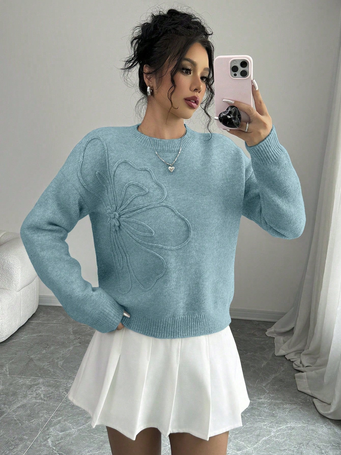 Elenzga Women Floral Pattern Round Neck Solid Color Pullover Sweater,Long Sleeve Tops Blue