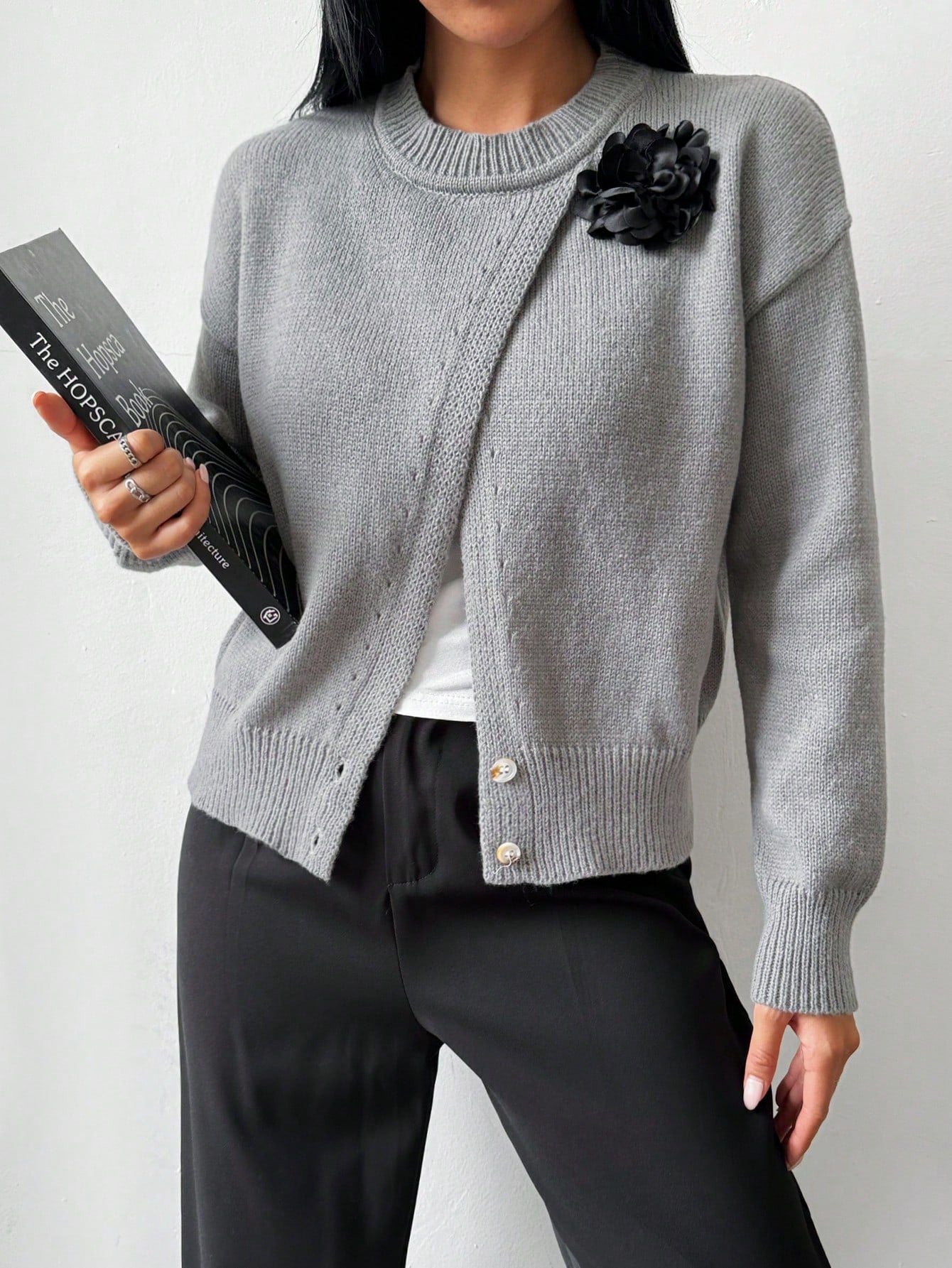 SHEIN LUNE Women's Casual 3D Floral Decorative Crew Neck Dropped Shoulder Long Sleeve Sweater, Autumn & Winter,Long Sleeve Tops Dark Grey