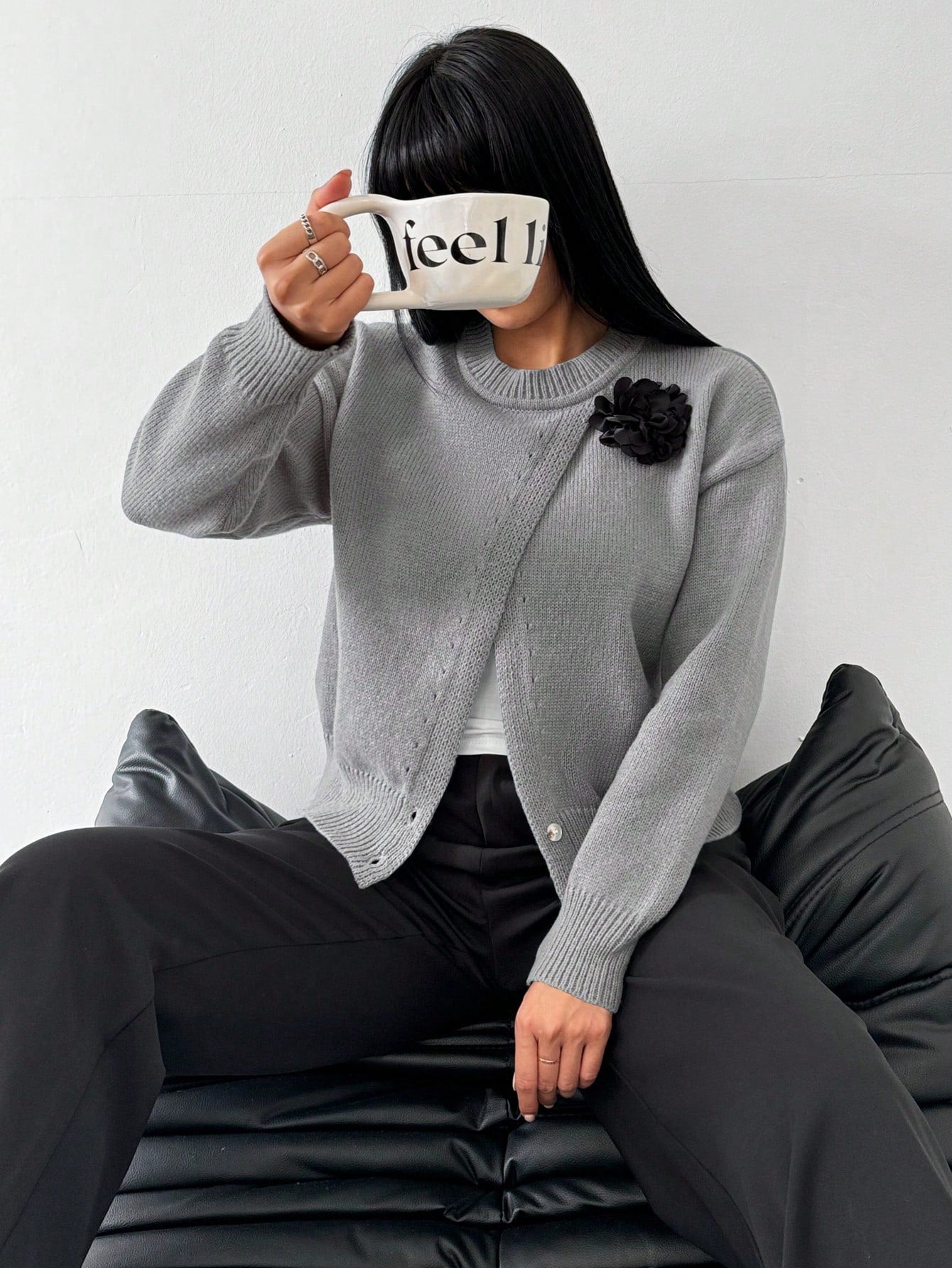 SHEIN LUNE Women's Casual 3D Floral Decorative Crew Neck Dropped Shoulder Long Sleeve Sweater, Autumn & Winter,Long Sleeve Tops Dark Grey