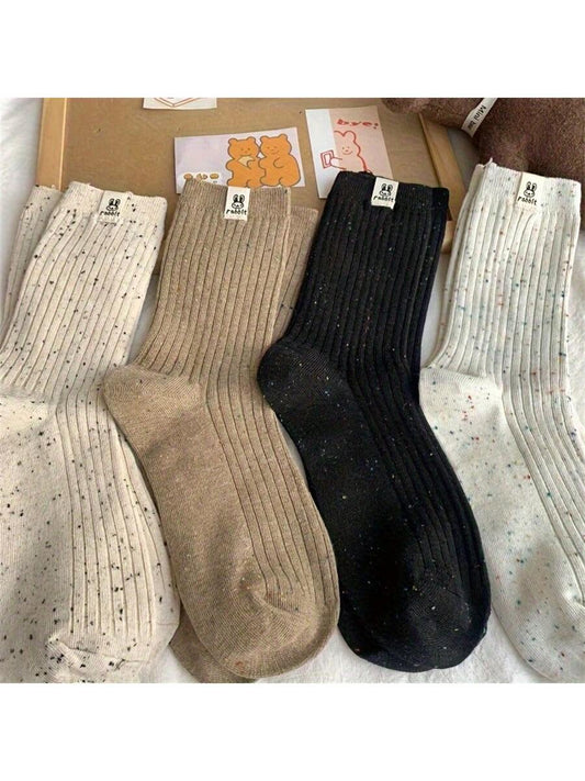 4 Pairs Women Solid Color Mid-Calf Socks, Casual Breathable Fashion Socks, Women Short Socks & Pantyhose, Rabbit Design Socks, Suitable For Easter Gifts Multicolor