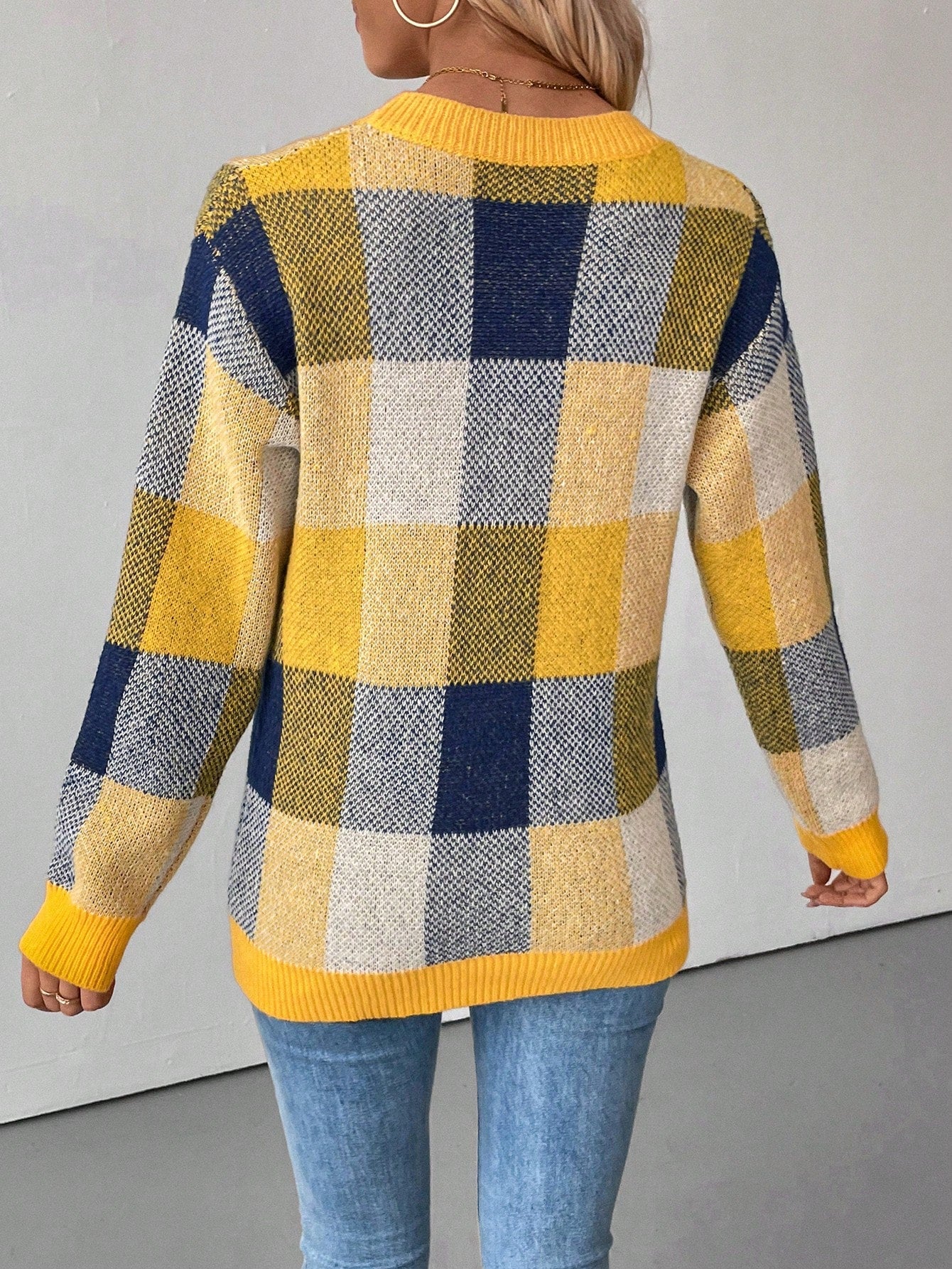 SHEIN LUNE Women's Plaid Round Neck Drop Shoulder Long Sleeve Casual Pullover Sweater, Autumn/Winter Yellow
