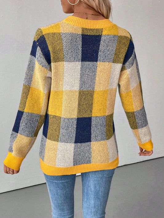 SHEIN LUNE Women's Plaid Round Neck Drop Shoulder Long Sleeve Casual Pullover Sweater, Autumn/Winter Yellow