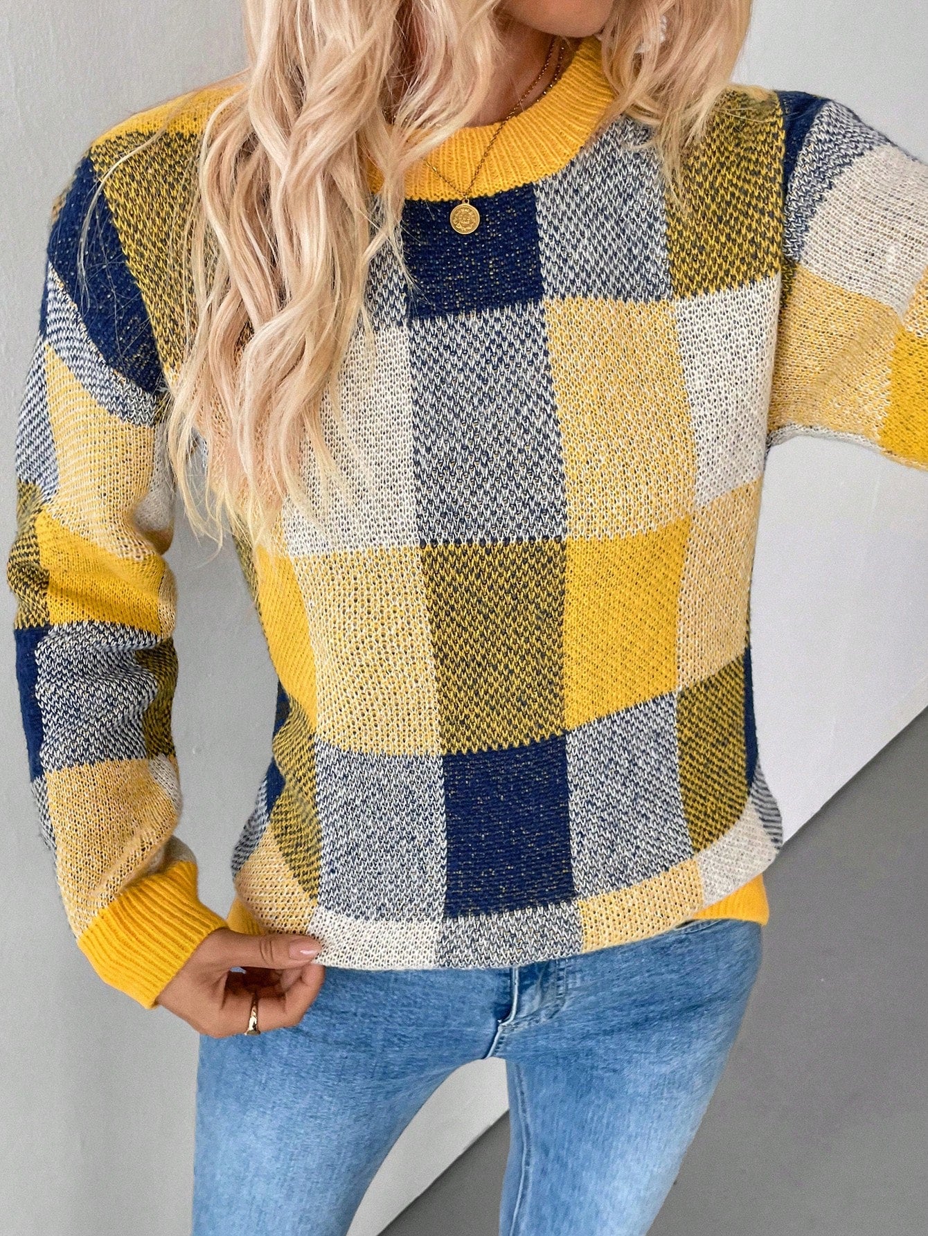 SHEIN LUNE Women's Plaid Round Neck Drop Shoulder Long Sleeve Casual Pullover Sweater, Autumn/Winter Yellow