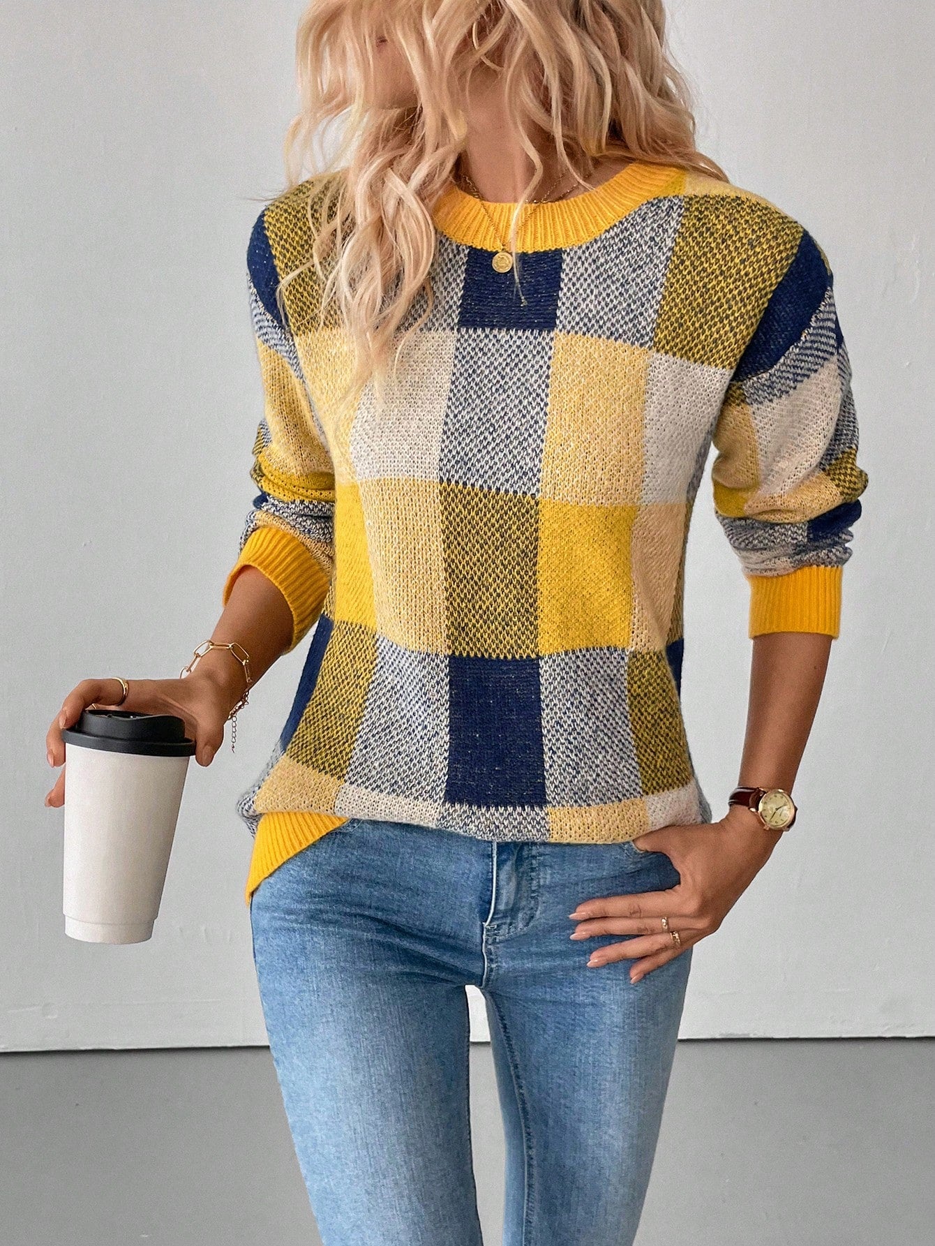 SHEIN LUNE Women's Plaid Round Neck Drop Shoulder Long Sleeve Casual Pullover Sweater, Autumn/Winter Yellow