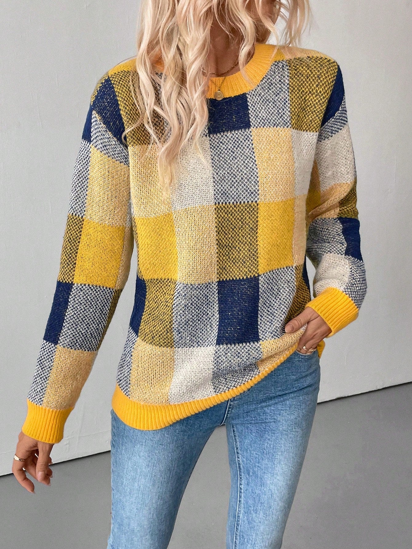 SHEIN LUNE Women's Plaid Round Neck Drop Shoulder Long Sleeve Casual Pullover Sweater, Autumn/Winter Yellow