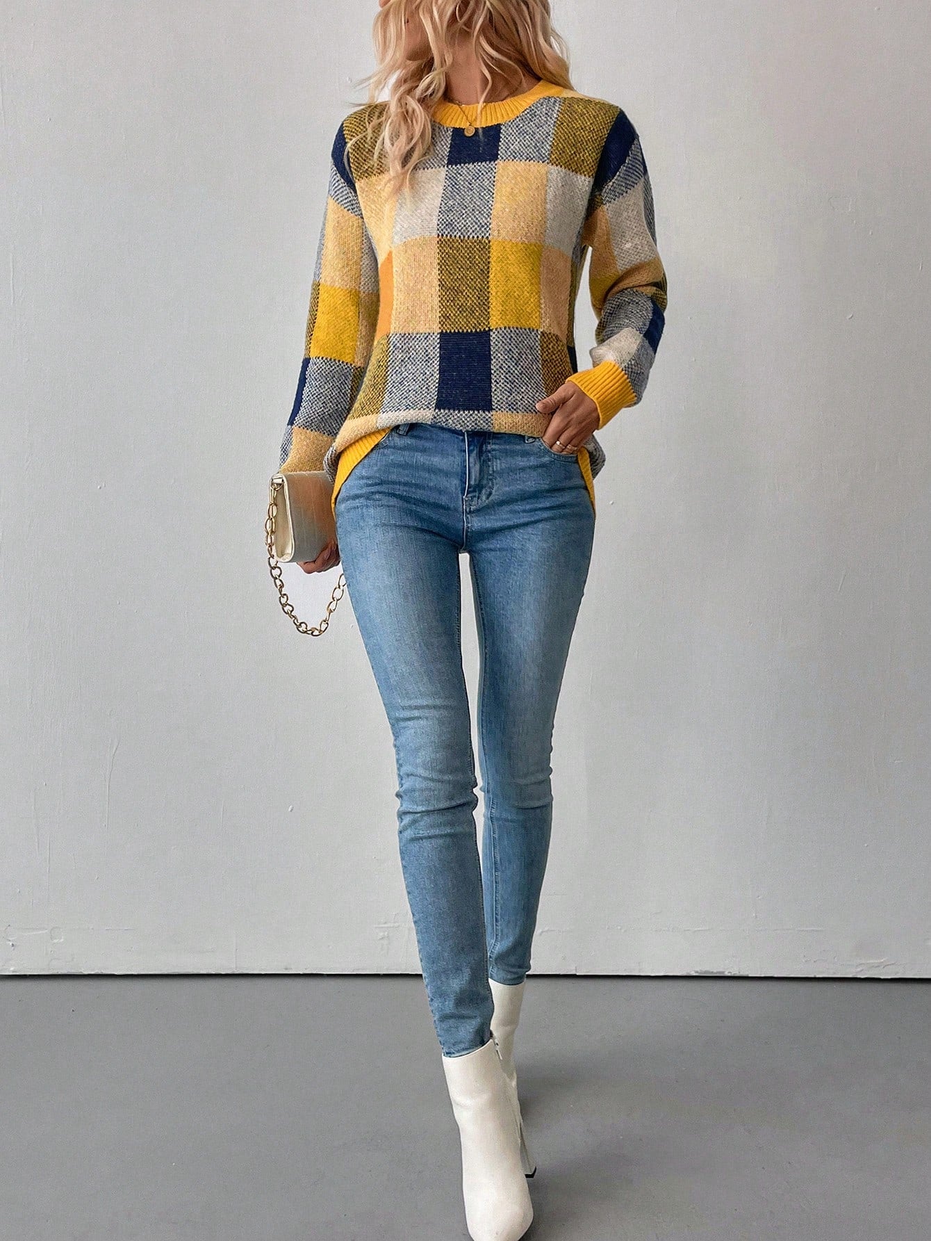 SHEIN LUNE Women's Plaid Round Neck Drop Shoulder Long Sleeve Casual Pullover Sweater, Autumn/Winter Yellow