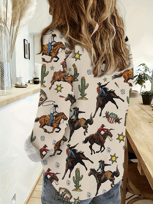 New Casual Floral Print Button-Up Shirt For Women Color