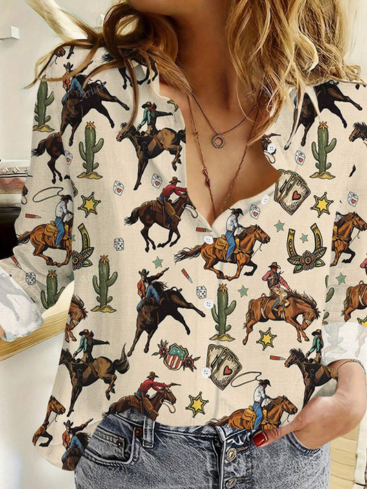 New Casual Floral Print Button-Up Shirt For Women Color