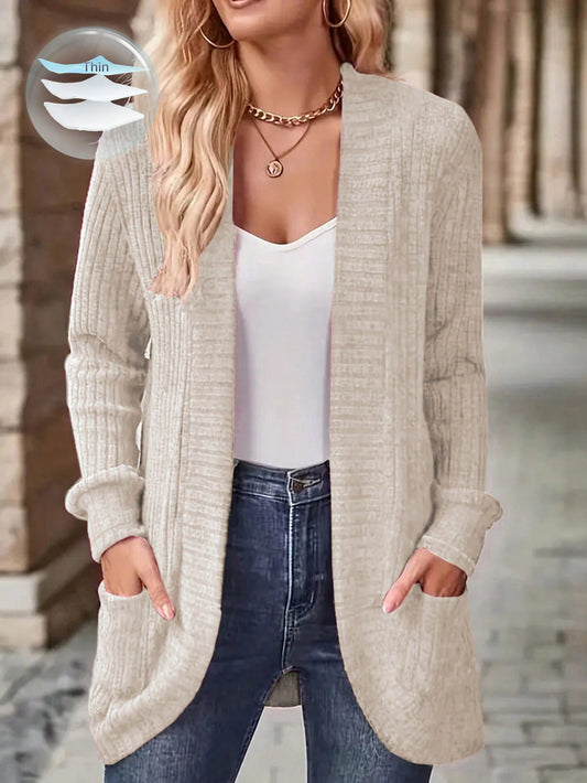 SHEIN LUNE Women's Casual Ribbed Brushed Cardigan With Side Pockets & Shorts Set Apricot