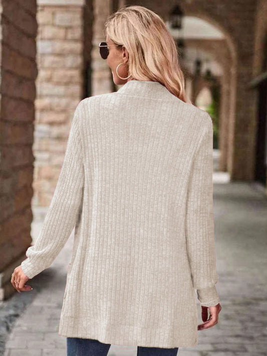 SHEIN LUNE Women's Casual Ribbed Brushed Cardigan With Side Pockets & Shorts Set Apricot