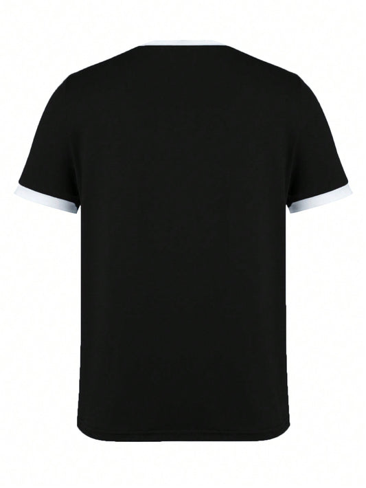 SHEIN LUNE Women's Summer Color-Blocked Round Neck Short Sleeve Casual T-Shirt Graphic Tees Women Tops Black