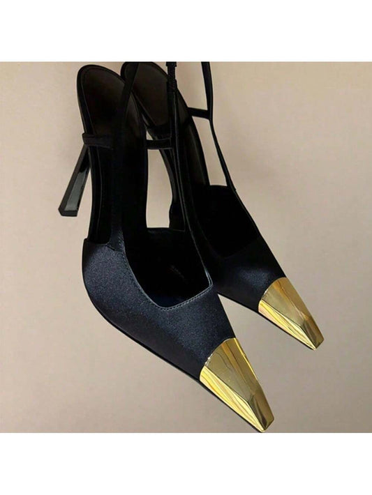 High Heels 2024 Autumn New Patent Leather Metal Pointed Stiletto Heel Closed Toe Temperament Back Empty Single Shoes Black Patent Leather 7cm