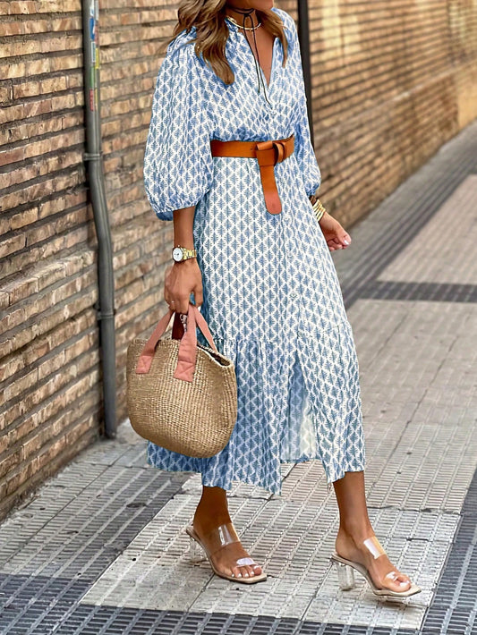 SHEIN LUNE Women Fashionable Long Sleeve Printed Dress Baby Blue