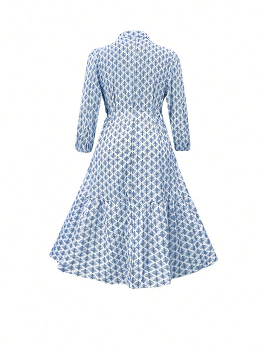 SHEIN LUNE Women Fashionable Long Sleeve Printed Dress Baby Blue