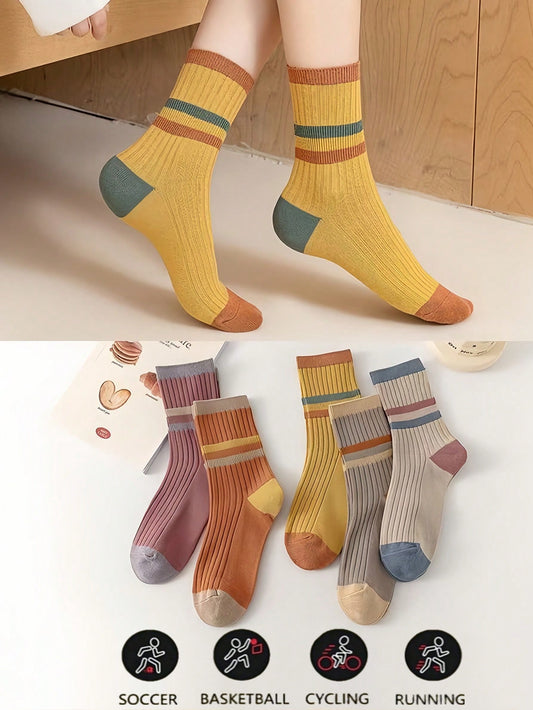 5 Pairs Of Women's Mid Tube Sweat Wicking And Breathable Autumn And Winter Colorful Striped Fashionable Casual Long Socks, Color Blocked Candy Colored Women's Socks Multicolor