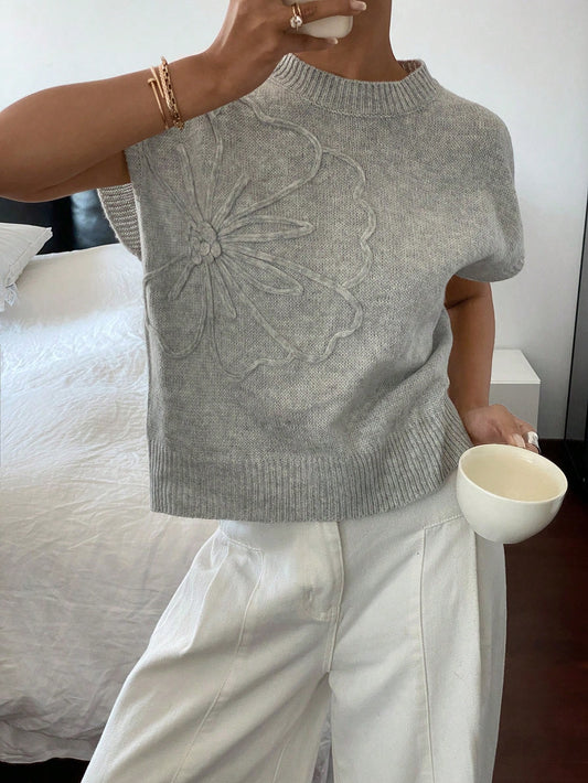 SHEIN Frenchy Women's Solid Color Knitted Casual Sweater, Simple & Fashionable, Everyday Wear,Women's Solid Gray Handmade Patterned Floral Knit Top,New Year's Sweater, Casual Sweater, Fall/Winter Clothing, Can Be Worn Outside/Inside,For Daily Wear Grey