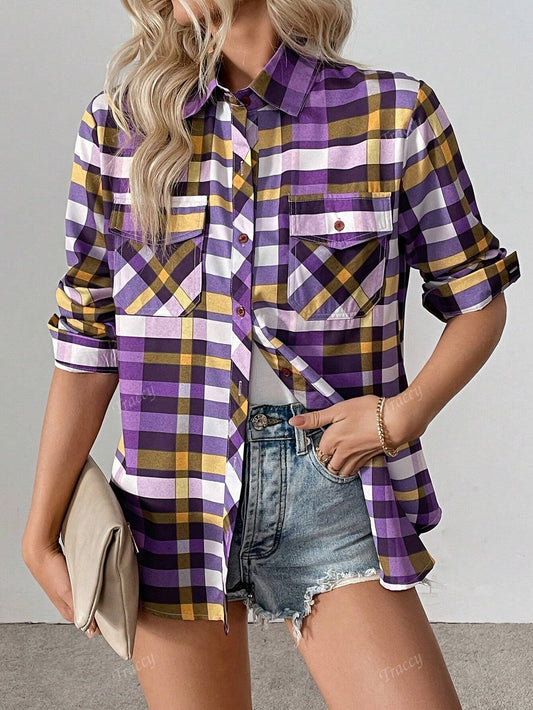 Long Sleeve Plaid Print Lapel Front Button Pocket Shirt Mauve Purple