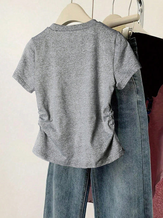 INAWLY Women Heart Print Round Neck Short Sleeve Casual T-Shirt With Side Ruffle Grey