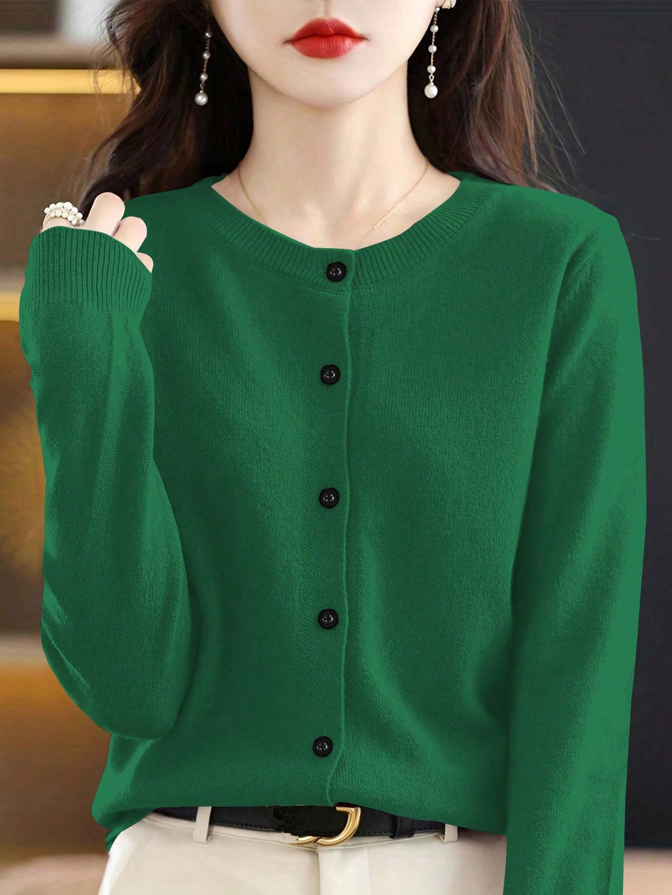 SHEIN ChicEase Women's Loose Solid Color Casual Long Sleeve Short Cardigan, Autumn/Winter,Long Sleeve Tops Green