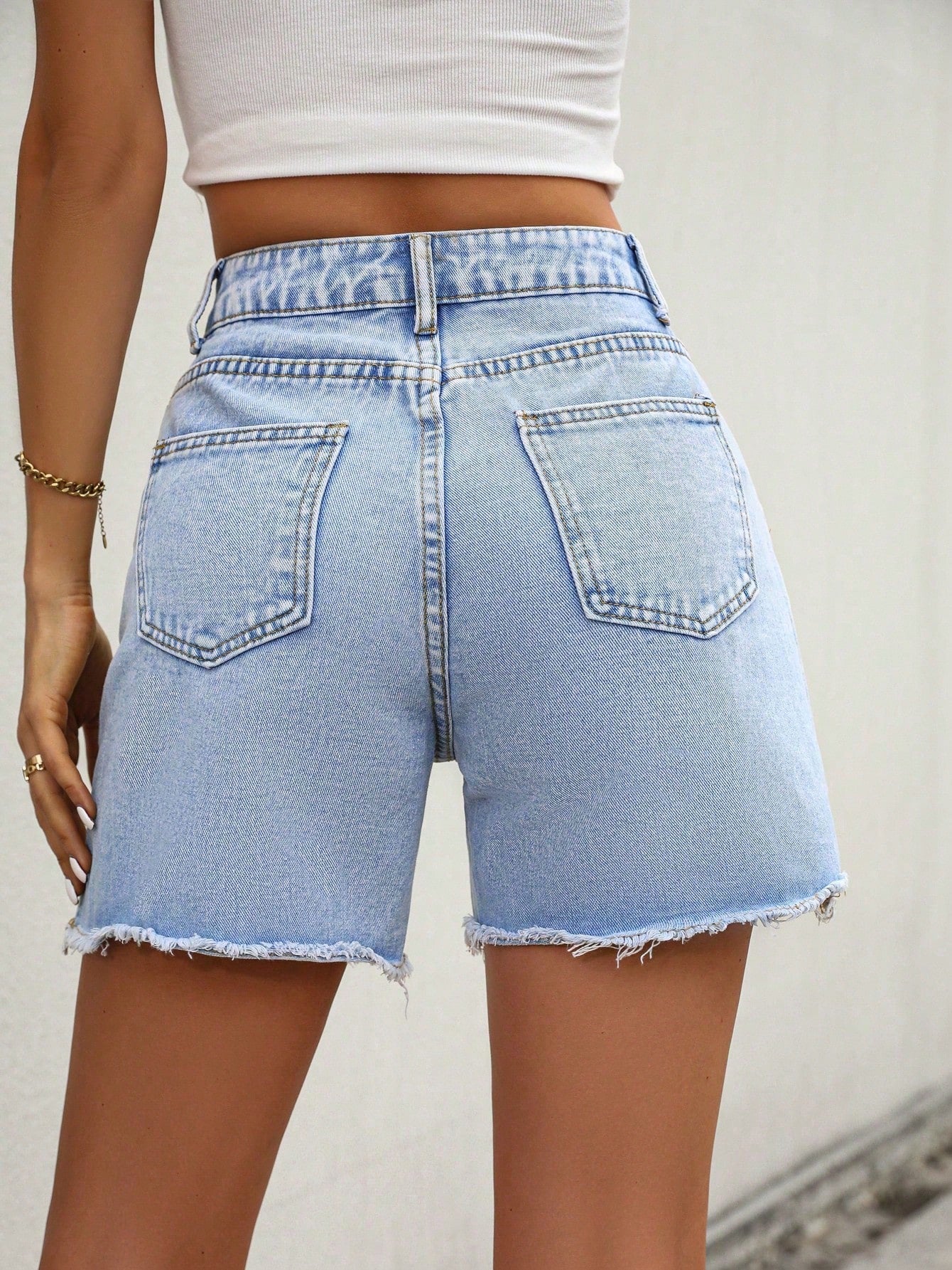 High Waist Raw Hem Denim Shorts Medium Wash